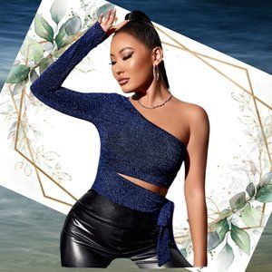 SHEIN SXY Blue Glittery One Shoulder Long Sleeve Crop Top NWT - Juniors Size M